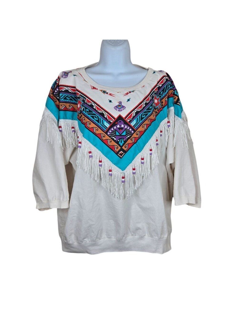 Vintage 90s Phoenix Southwestern Fringe Beaded Pullover Sweatshirt XL